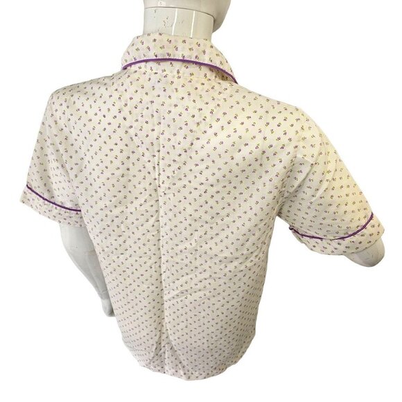 60s Damea Sleep Shirt White Purple Ditsy Floral Short Sleeve Button Up Womens 34 - Picture 4 of 10